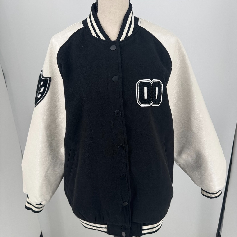 Wild Fable Letterman Varsity Jacket WOMENS Faux Leather Black White Snap Close S